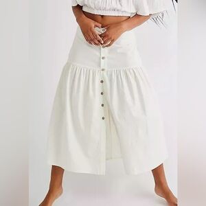 Free People One Juliette Button Front Peasant Cream Cotton Midi Skirt Size 8